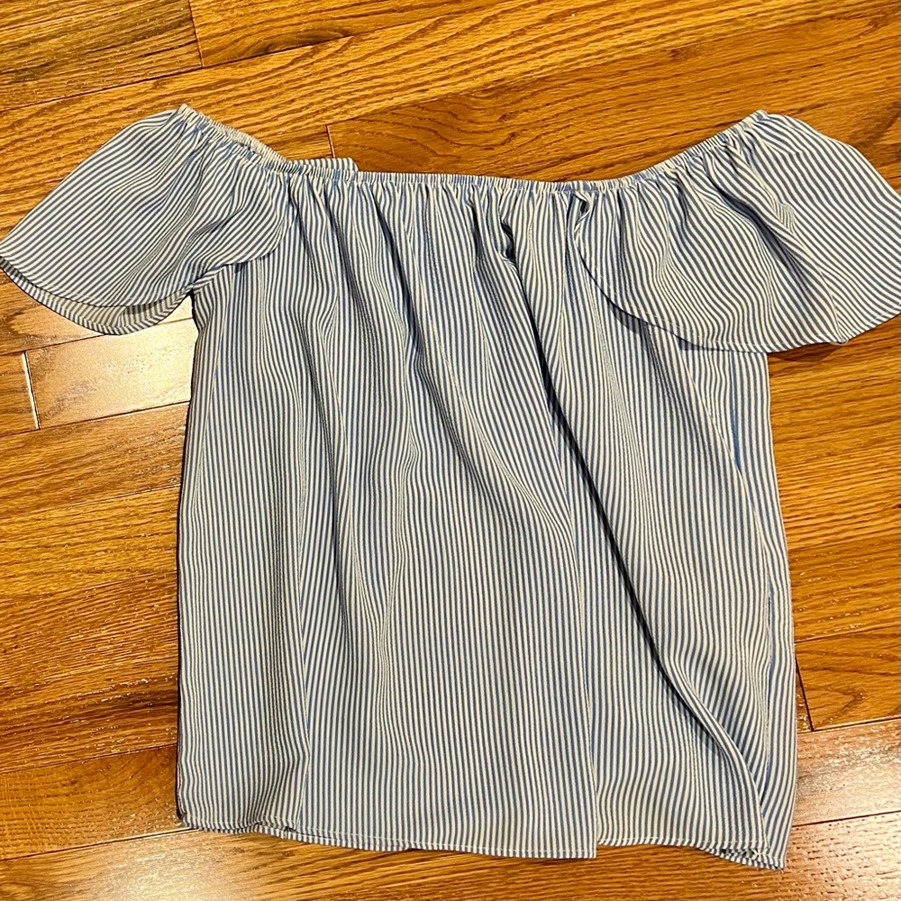 Off the shoulder blue and white top
